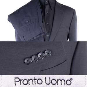 Pronto Uomo Mens 40L Solid Gray Wool 2 Piece Suit With Dress Pants 34x29.5